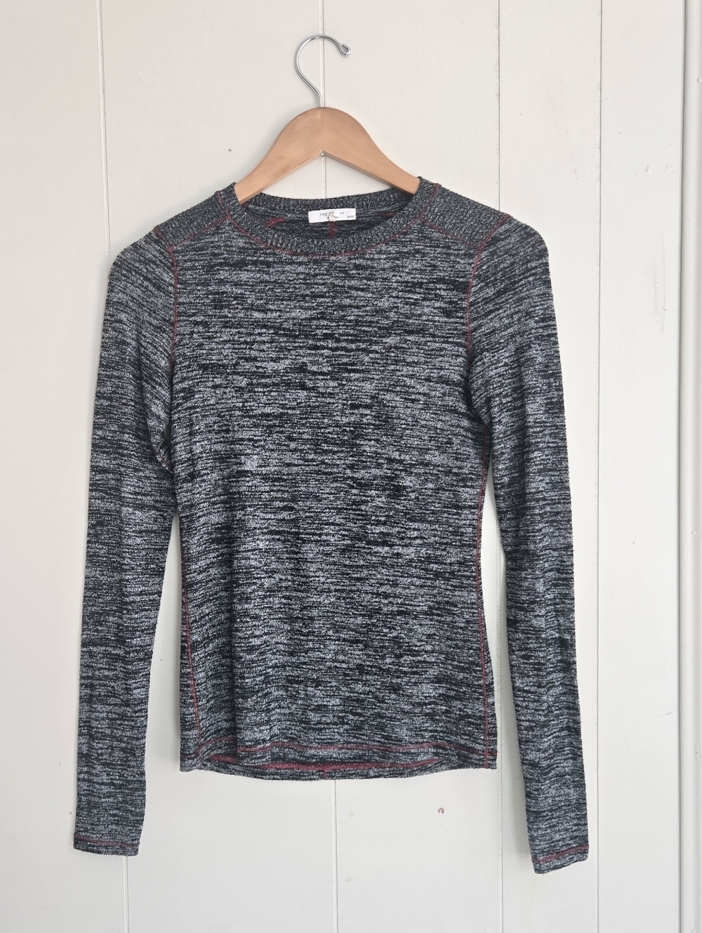 Rag & bone Black and Gray Heathered Long Sleeve Top with Red Contrast Stitching